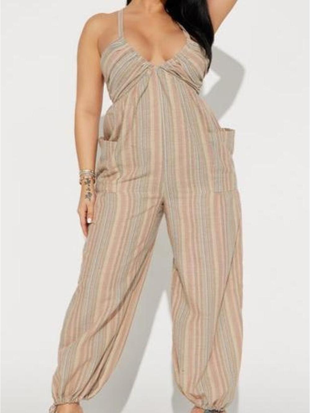 Cupshe Striped Jumpsuit in beige/brown - size Medium